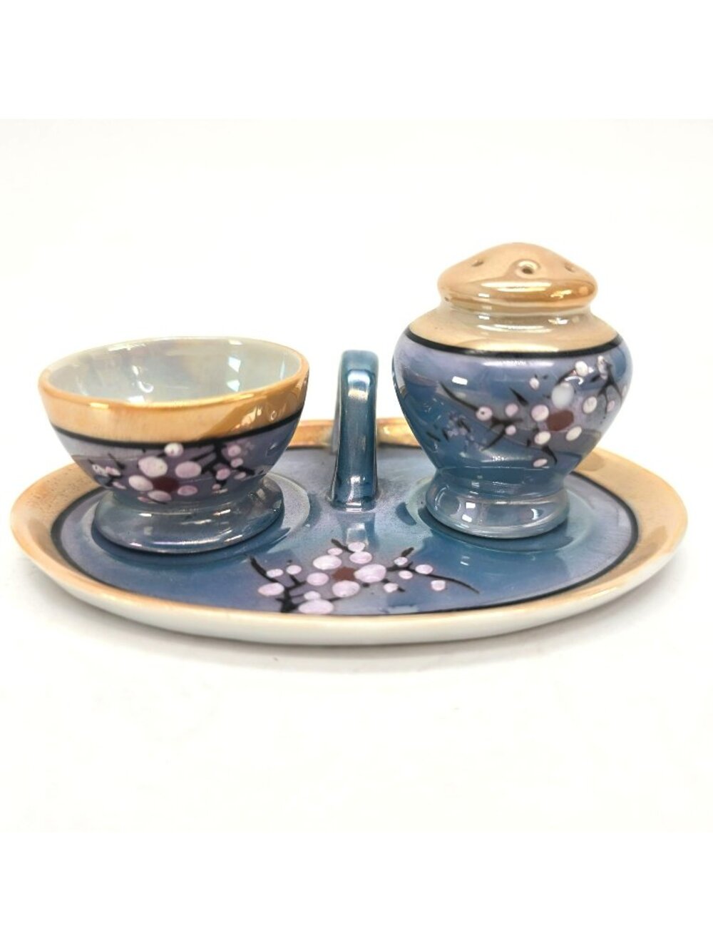 Vintage Lusterware Egg Coddler & Salt Shaker Set With Tray Blue Peach je160